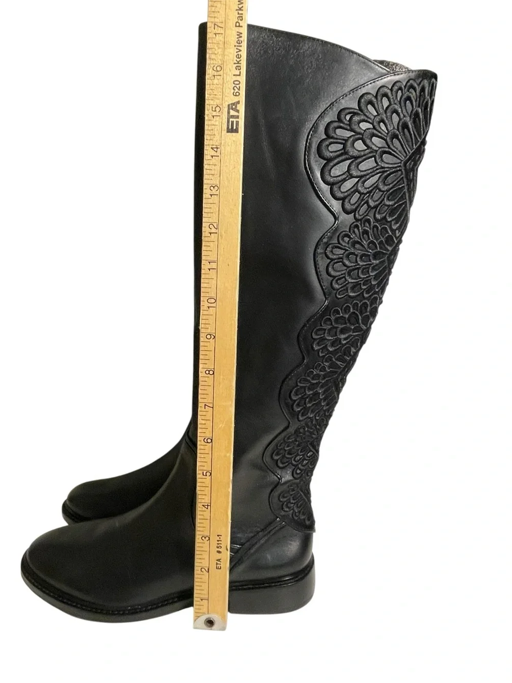 Gianni Bini Embroidered Back Black Leather Full Zip Knee High Riding Boots 6M